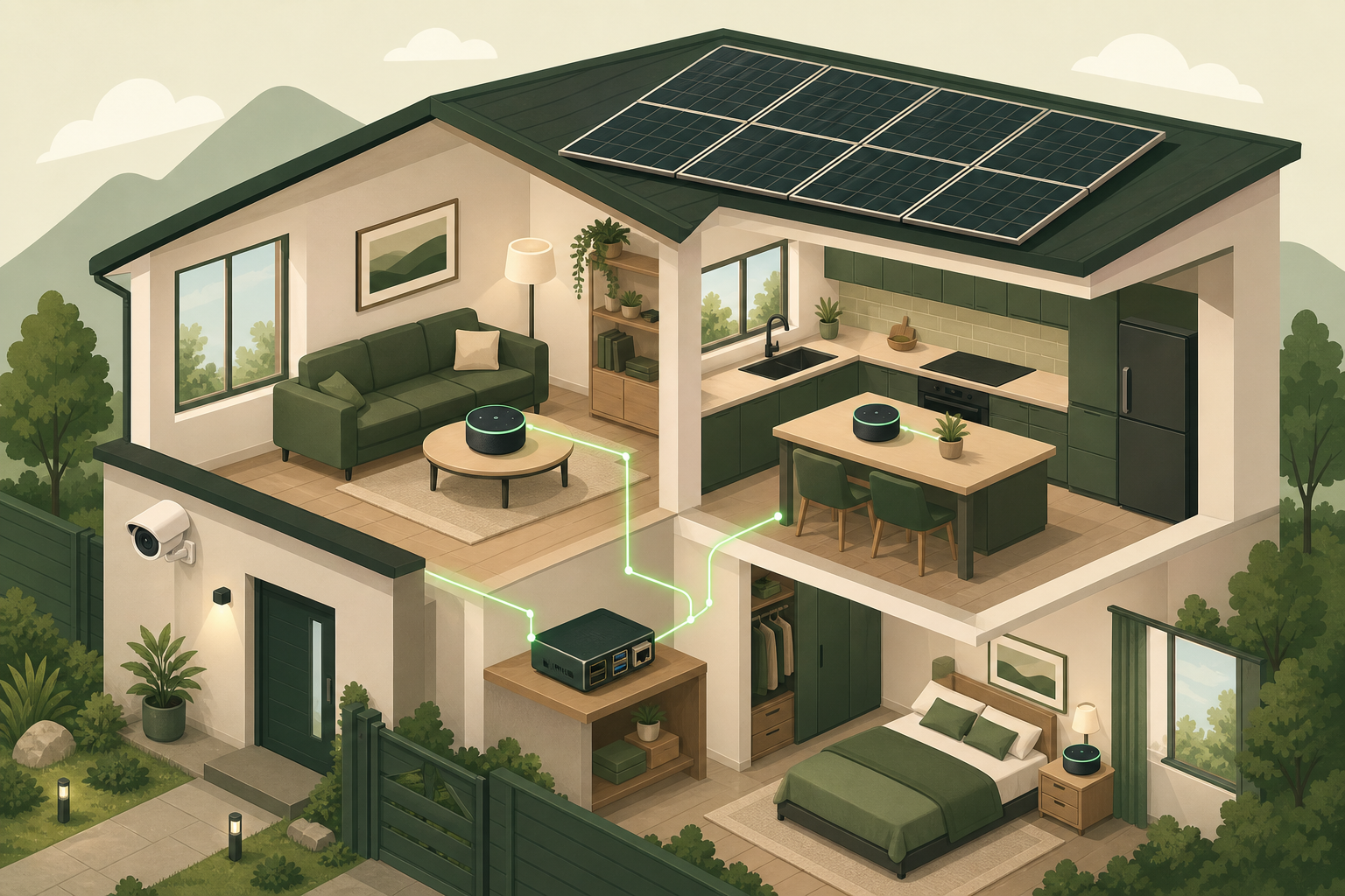 Casa chilena conectada — gateway, voz, seguridad y paneles solares